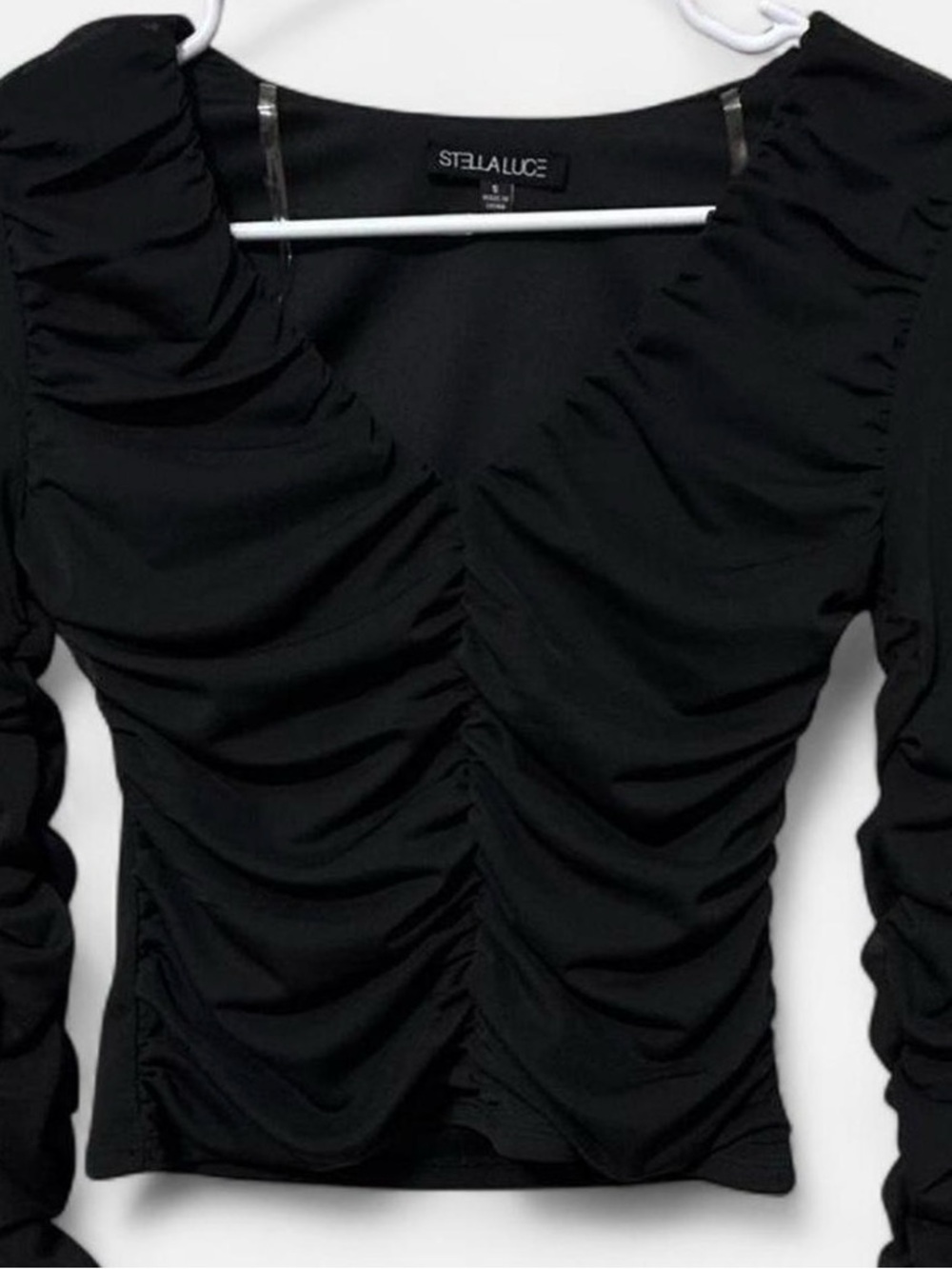 Stella Luce Black Ruched V-Neck Long Sleeve Top